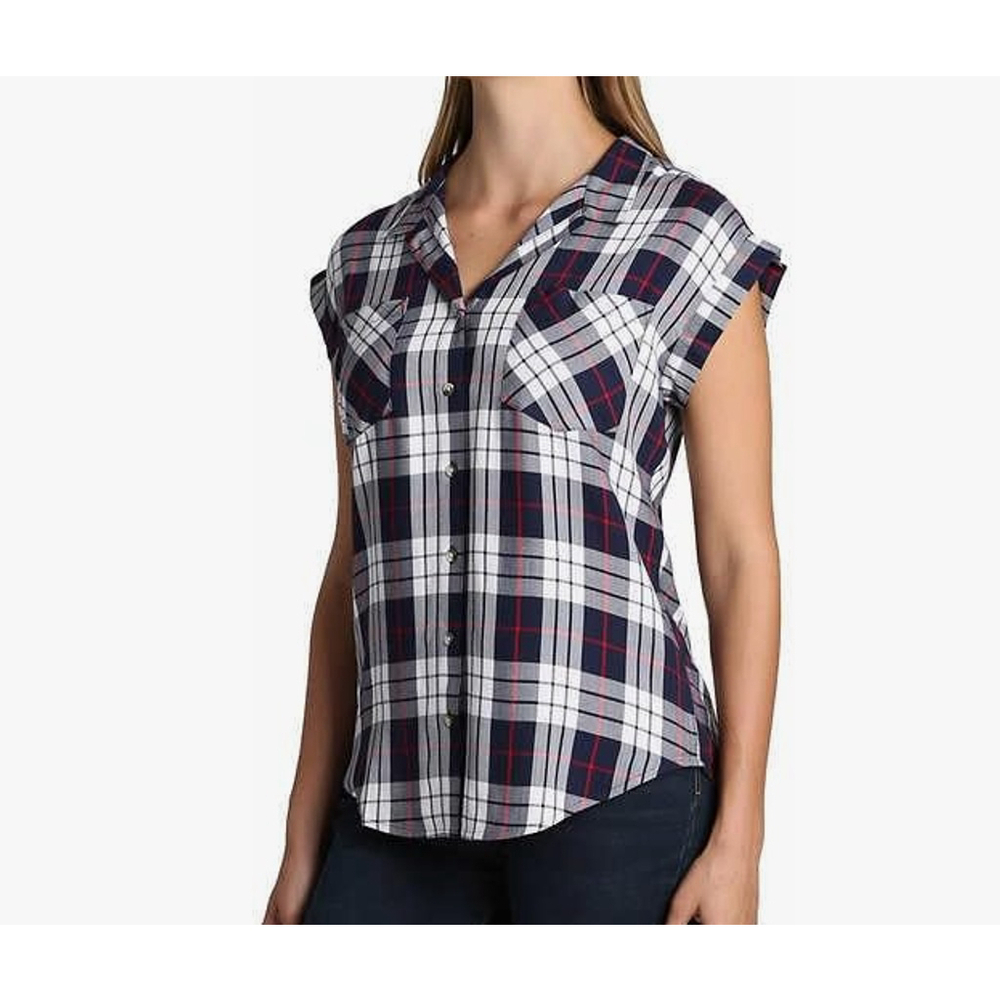 Jachs Girlfriend Women's Navy Plaid Short Sleeve Flannel Button Down Size Small
